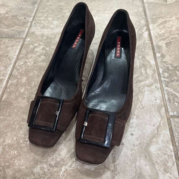 Prada Shoes - Prada Brown Suede Leather Buckle Front Classic Heels Size 38.5
